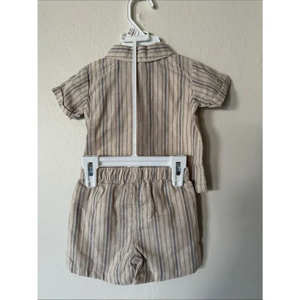 Little LAD Striped Linen-Blend Toddler Shirt & Shorts Set - Beige/Gray